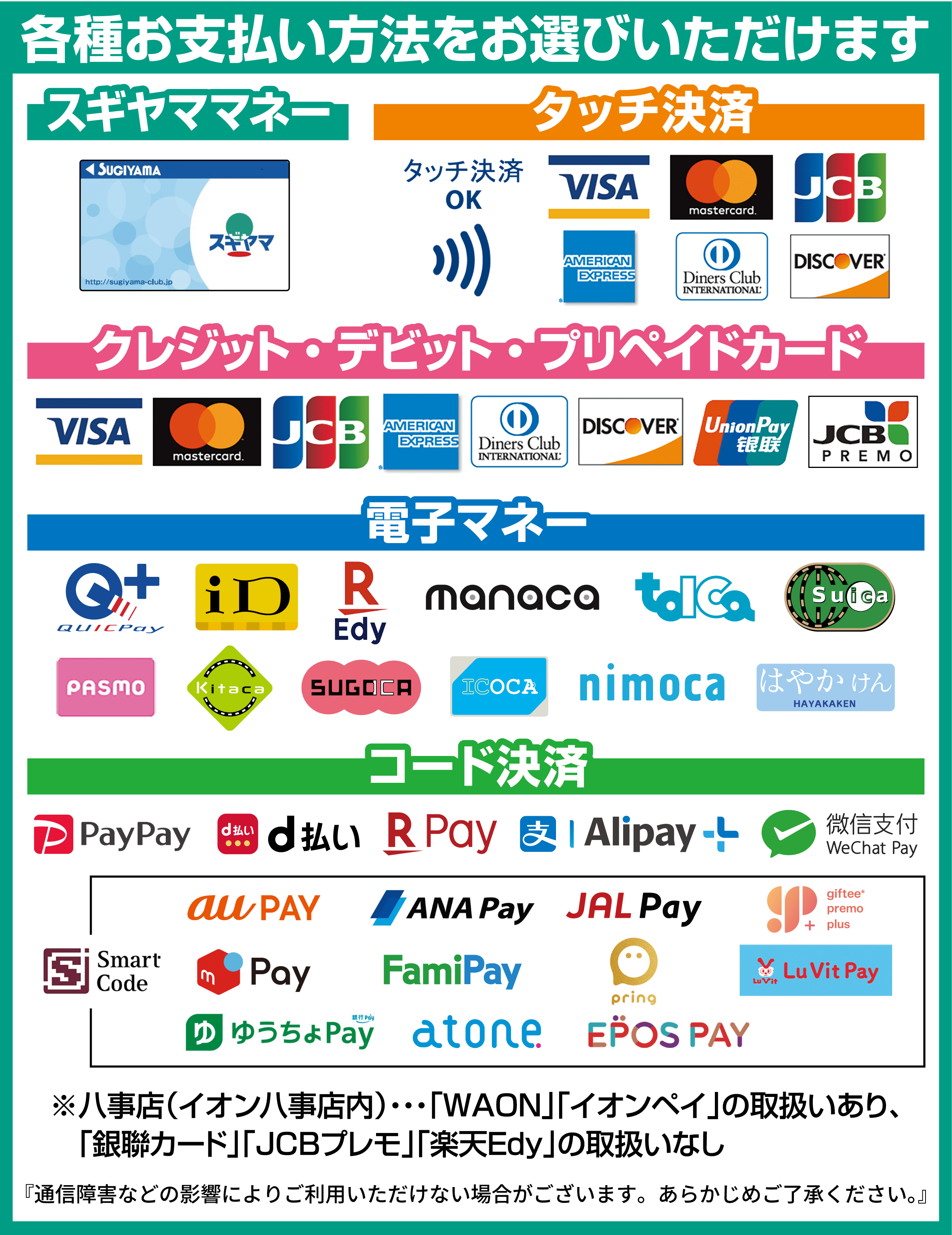 各種お支払い方法をお選びいただけます(スギヤママネー、タッチ決済、クレジットカード、電子マネー、コード決済)